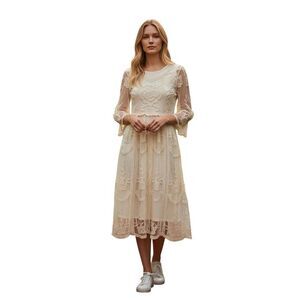 Mindful Souls 8/10 Embroidered Mesh Layer Midi Dress Cream Ethereal Boho Fairy